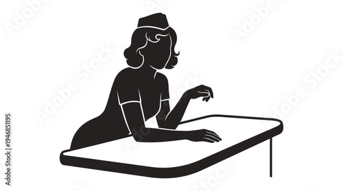 A stylish black silhouette vector of a retro woman, possibly a waitress or attendant, leaning on a table. Ideal for hospitality, vintage design, or service industry branding.