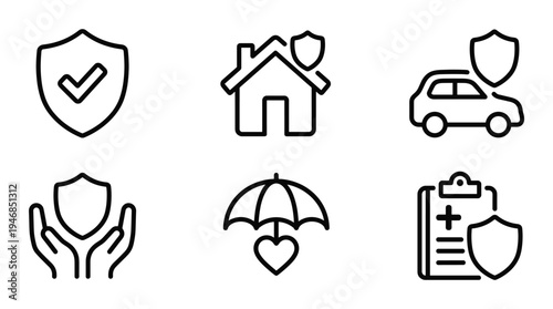 Comprehensive vector collection of outline icons representing various insurance types: home, car, health, and general protection. Ideal for financial services and healthcare designs.