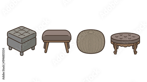 A diverse vector collection of comfortable footstools and ottomans in various styles and neutral colors, perfect for home decor, furniture, and interior design projects.
