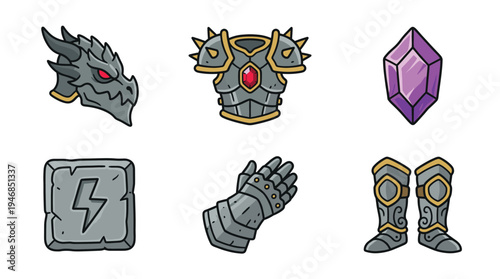 Set of fantasy game elements featuring a dragon head, armor, crystal, magic stone, gauntlet, and boots. Perfect for RPG mobile games, UI, and adventure themes.