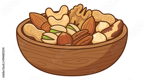 A vibrant vector illustration depicts a wooden bowl overflowing with a delicious assortment of healthy nuts. Perfect for food, snack, or healthy eating concepts.