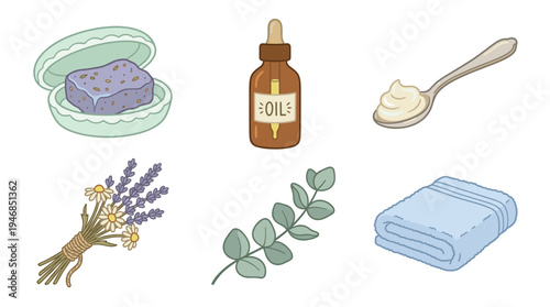 A soothing vector collection of natural spa and wellness products, including soap, oil, cream, lavender, eucalyptus, and a towel. Ideal for beauty, self-care, or relaxation themes.