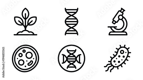 A collection of versatile outline vector icons representing science, biology, genetics, and nature. Perfect for educational materials, apps, websites, or research-related designs.