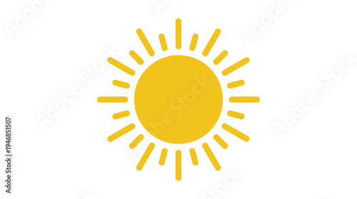 A vibrant yellow sun icon with radiating rays, ideal for weather apps, summer designs, and conveying warmth or positive energy in a clean vector style.