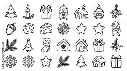 Charming hand-drawn vector doodle icons for Christmas and winter holidays. Perfect for festive designs, greeting cards, web, and print. Features trees, gifts, snowflakes, and cute hamsters.