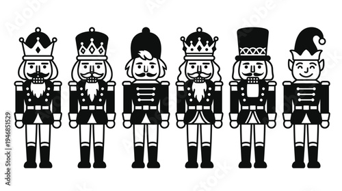 A lineup of charming black and white nutcracker soldiers and festive toy figures. Ideal for holiday designs, invitations, and decorations. Joyful, festive, simple, icon.
