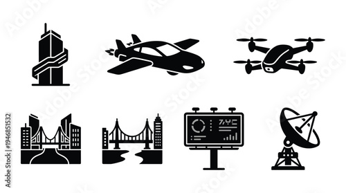 Collection of black silhouette icons depicting modern urban technology, communication, and transportation elements. Ideal for digital media, web design, and presentations.