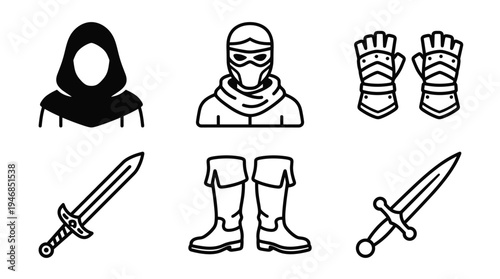 A vector collection of fantasy game icons featuring a hooded figure, ninja, gauntlets, swords, and boots. Ideal for RPG design, medieval adventure, or app UI elements. Clean, black line art.