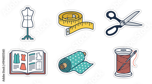 A vibrant vector collection of sewing tools including mannequin, measuring tape, scissors, pattern book, fabric roll, and thread. Ideal for DIY, fashion, and craft projects.