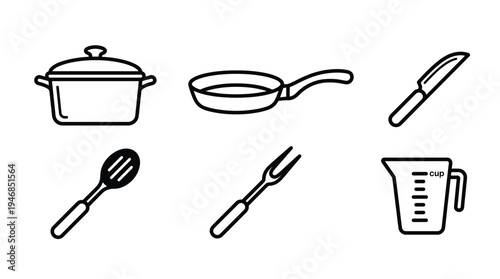 Clean black outline vector icons of essential kitchen utensils and cookware. Perfect for cooking blogs, restaurant menus, apps, and web design. Minimalist and modern.