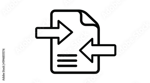Black outline icon of a document with two arrows indicating data transfer, file exchange, or synchronization. A clear, functional graphic for web UI, apps, or presentations about data management.