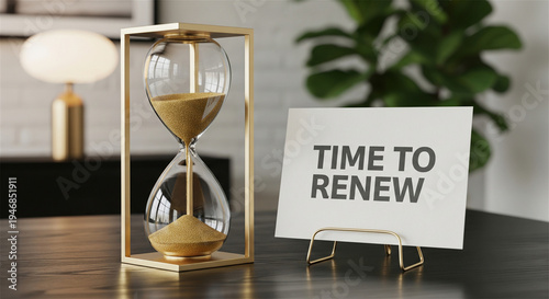 Time to renew message on card with hourglass, gold sand timer on office desk, deadline and subscription renewal concept
