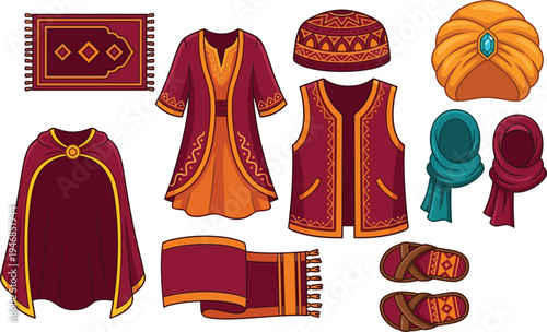 Traditional Middle Eastern Clothing and Accessories Collection with Carpet Turban Robe Vest Sandals and Scarves Cultural Fashion Illustration Set