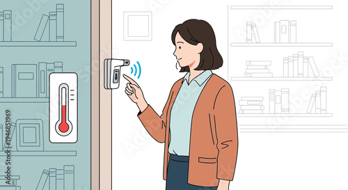 Woman using contactless thermometer for temperature check at entrance with thermometer display