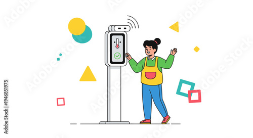 Woman using contactless temperature scanner with facial recognition for health screening