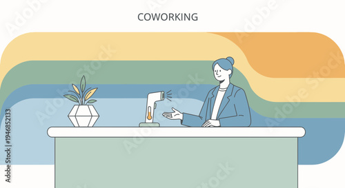 Woman working in modern co-working space with colorful abstract background