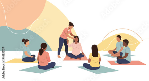 Yoga instructor guiding pregnant women in prenatal yoga class, promoting wellness and relaxation