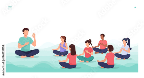 Yoga instructor leads meditation class for diverse group in serene setting