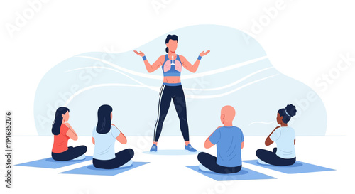 Yoga instructor leads mindful breathing class for diverse group in serene setting