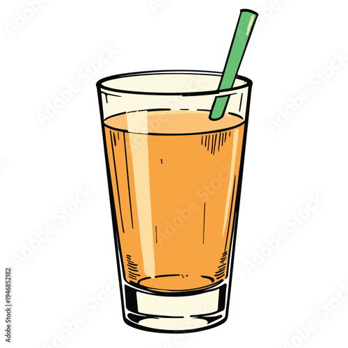 A glass of orange juice with straw.