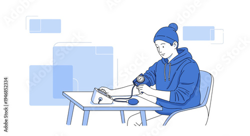 Young person measuring blood pressure at home, health check, self-care, medical device