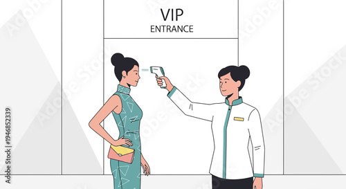 Woman scanned with infrared thermometer at VIP entrance for temperature check