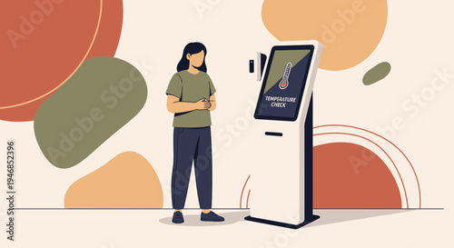 Woman using contactless temperature check kiosk for health screening, modern technology