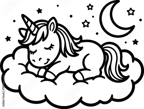Cute sleeping unicorn lying on fluffy cloud with crescent moon and surrounding stars in simple line art style