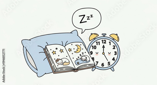Bedtime story with alarm clock and pillow illustration.