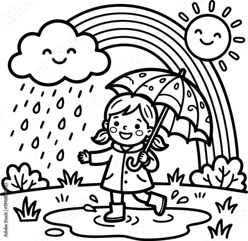 Cute smiling girl walking with umbrella in rain puddle under sunny sky with rainbow cloud landscape vector art