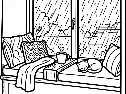 Cozy window seat with sleeping cat steaming hot coffee and patterned cushions on rainy day inside peaceful home