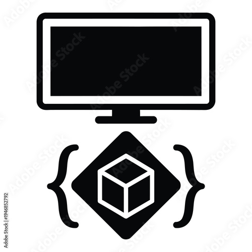 Computer monitor and cube icon with curly braces symbol icon