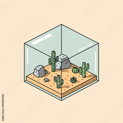 Isometric illustration of a desert terrarium with cacti, rocks, and sand inside a glass cube.