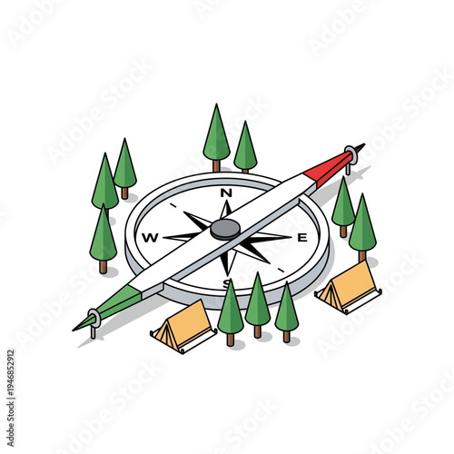 Isometric illustration of a compass surrounded by trees and camping tents, indicating direction.