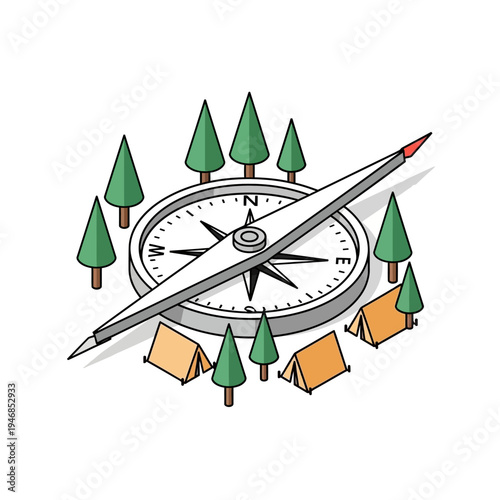 Isometric illustration of a compass surrounded by trees and camping tents.