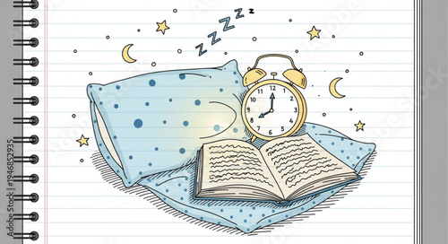 Dreamy bedtime scene with open book and alarm clock.