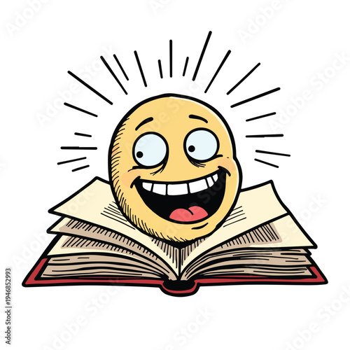 A cartoon smiley face emerges from an open book with excitement and joy.