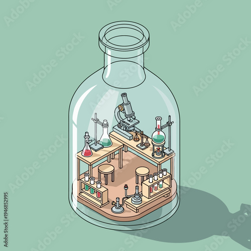 A detailed illustration of a laboratory setup contained within a glass bottle.
