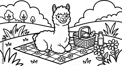 Black and white line art alpaca sitting on checkered picnic blanket with basket bottle and flowers in grassy field outdoors