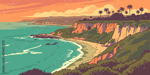 USA, US, U.S, United States - La Jolla Cove Turquoise Ocean Cliffs Sunset Panorama | Scenic California Coastal Landscape Wall Art Poster | USA Travel Nature Print