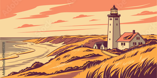 USA, US, U.S, United States - Cape Cod lighthouse dunes sunrise panorama classic New England beach scenery 
