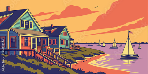 USA, US, U.S, United States - Martha’s Vineyard colorful cottages harbor sunset panorama island charm
