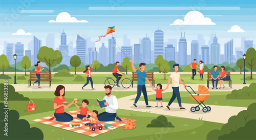 Diverse people enjoying a sunny day in a vibrant city park, families picnicking and playing.