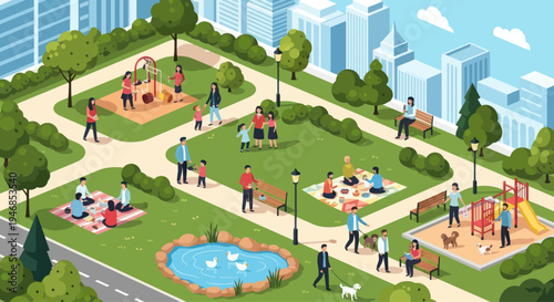 Isometric park scene with families enjoying leisure activities and city skyline background
