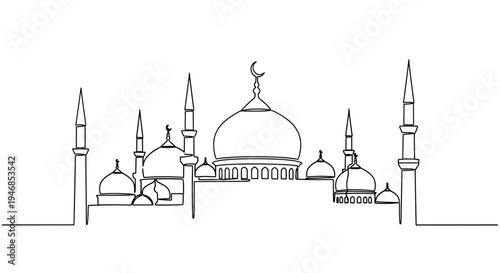 Minimalist Mosque Silhouette Line Art - Islamic Architecture