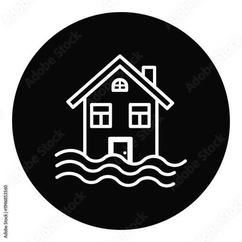 House partially flooded with water in a simple white line art style icon