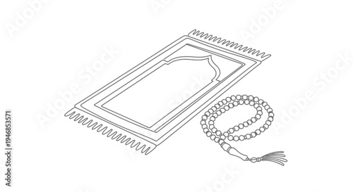 Islamic prayer mat and rosary beads, minimalist outline drawing