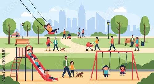 Diverse people enjoying a sunny day at a vibrant city park with playground and skyline