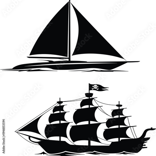 Two black and white ships sailing on water with pirate flag