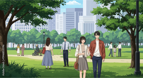 Couple walking in urban park with city skyline background, anime style illustration